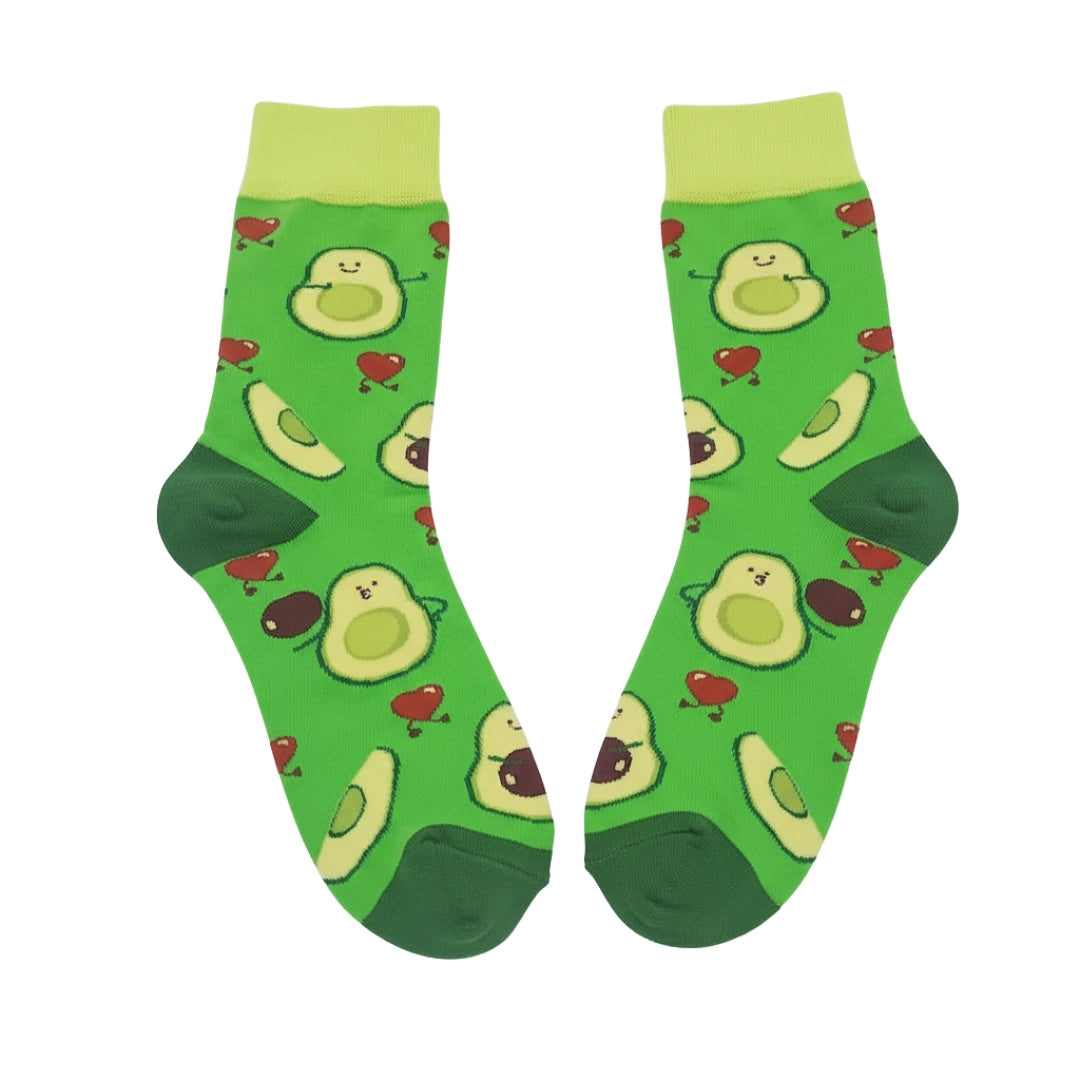 Green socks with avocado and heart patterns on a white background