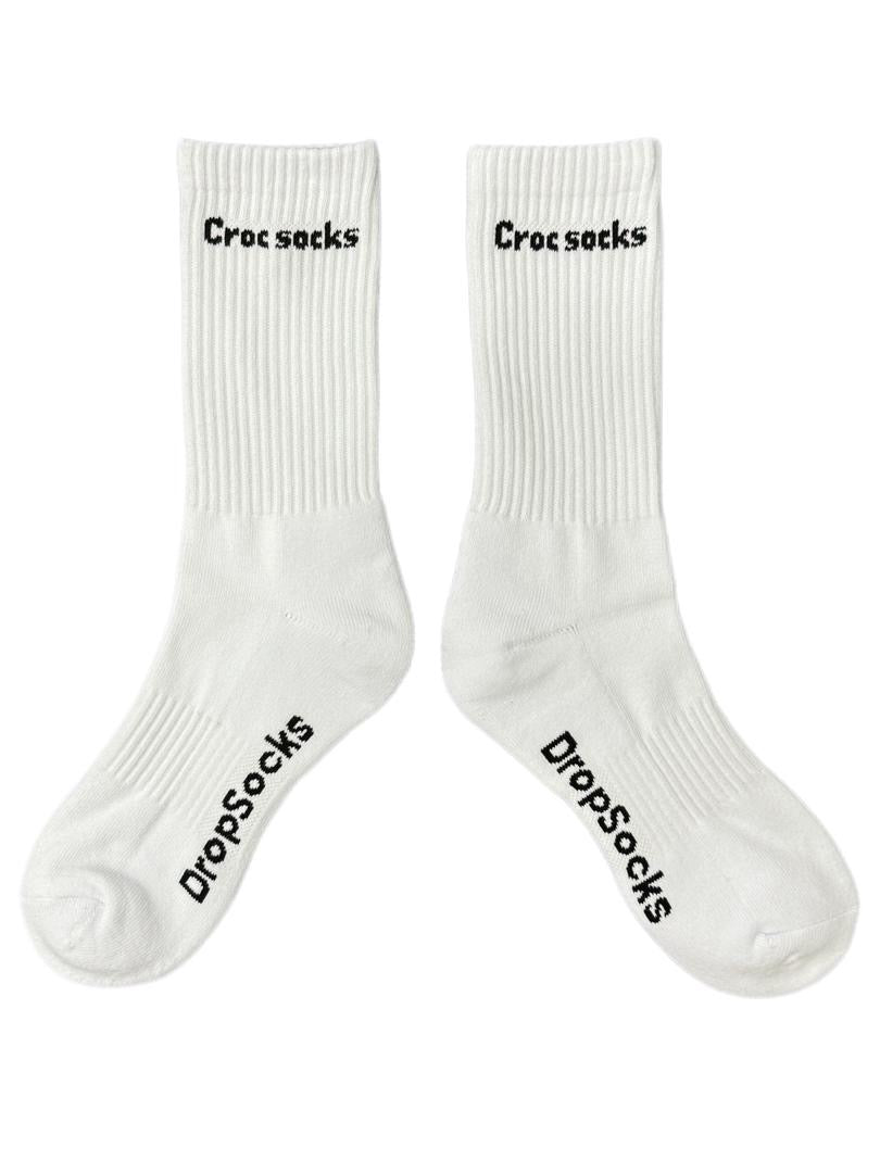 White socks with 'Croc socks' text on a white background