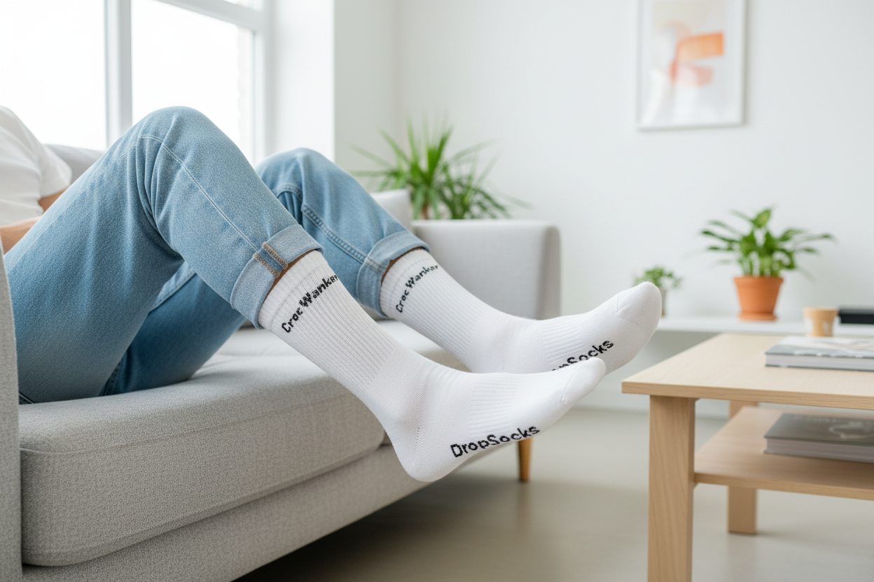 Person wearing white socks with croc wanker sitting on a couch in a living room.