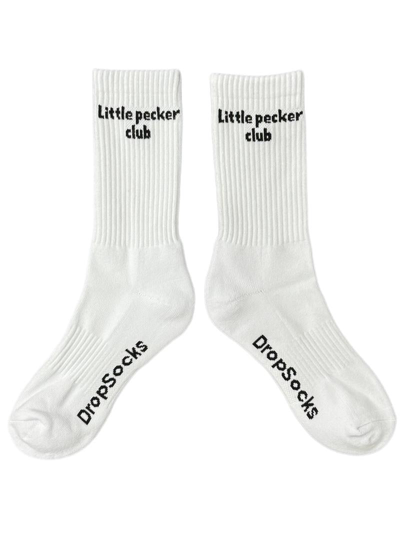 White socks with little pecker club written in black text on a white background