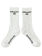 White socks with little pecker club written in black text on a white background