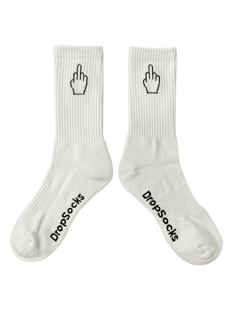 White socks with middle finger symbols and 'DropSocks' branding on a white background