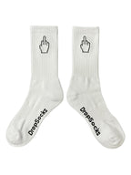 White socks with middle finger symbols and 'DropSocks' branding on a white background