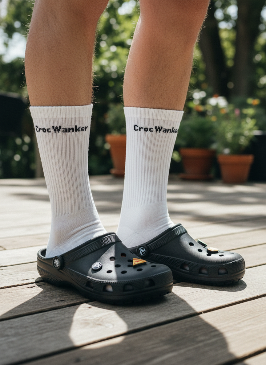 "Croc Wanker" socks with Crocs