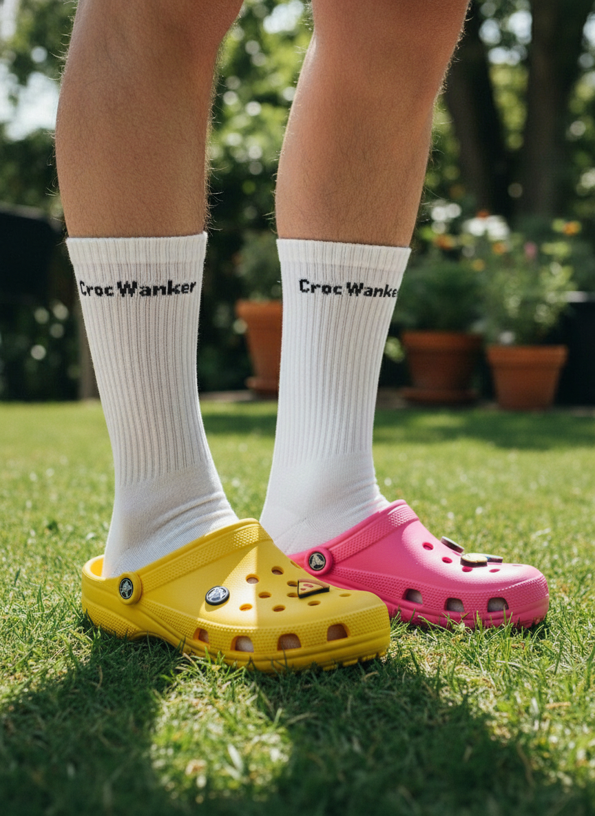 Person wearing Croc Wanker socks with colorful crocs outside