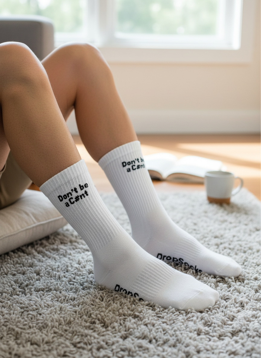 Person wearing Don't be a c#nt socks