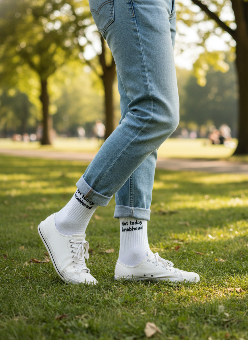 Person wearing Not Today Knobhead socks in a park